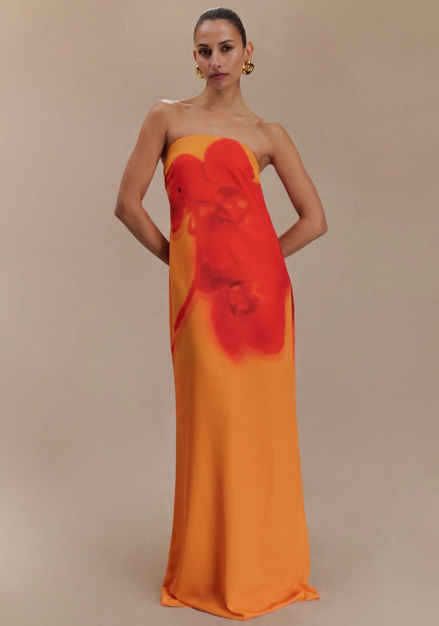 Orange floral print formal wedding guest dress