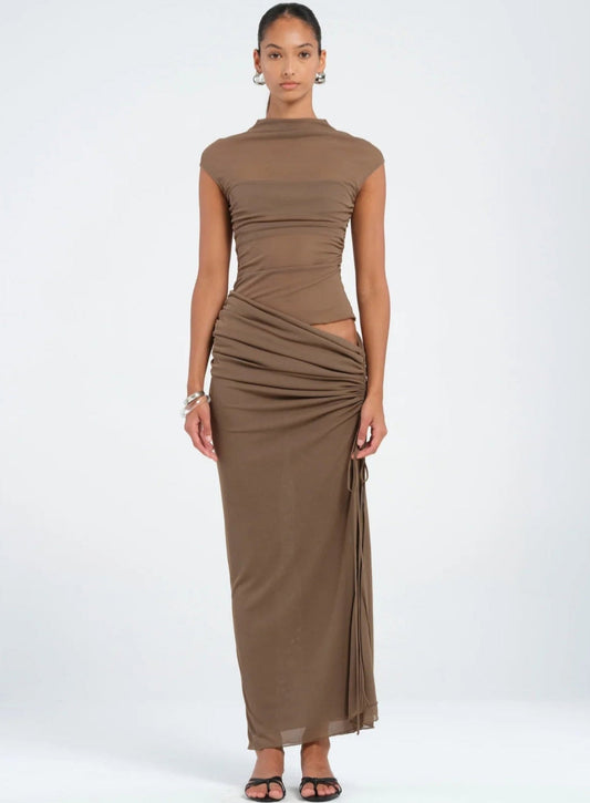 BENNI MILO MESH MAXI DRESS MUSHROOM SIZE 8