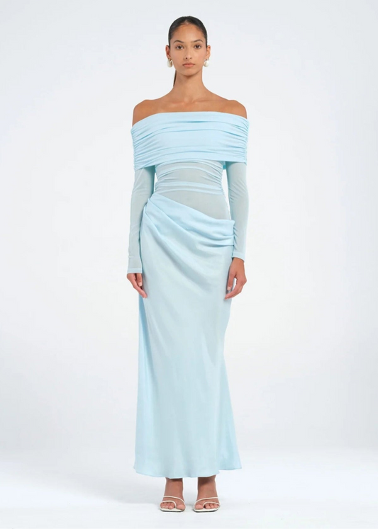 BENNI YASMIN OFF SHOULDER MAXI DRESS BABY BLUE SIZE 8, 10