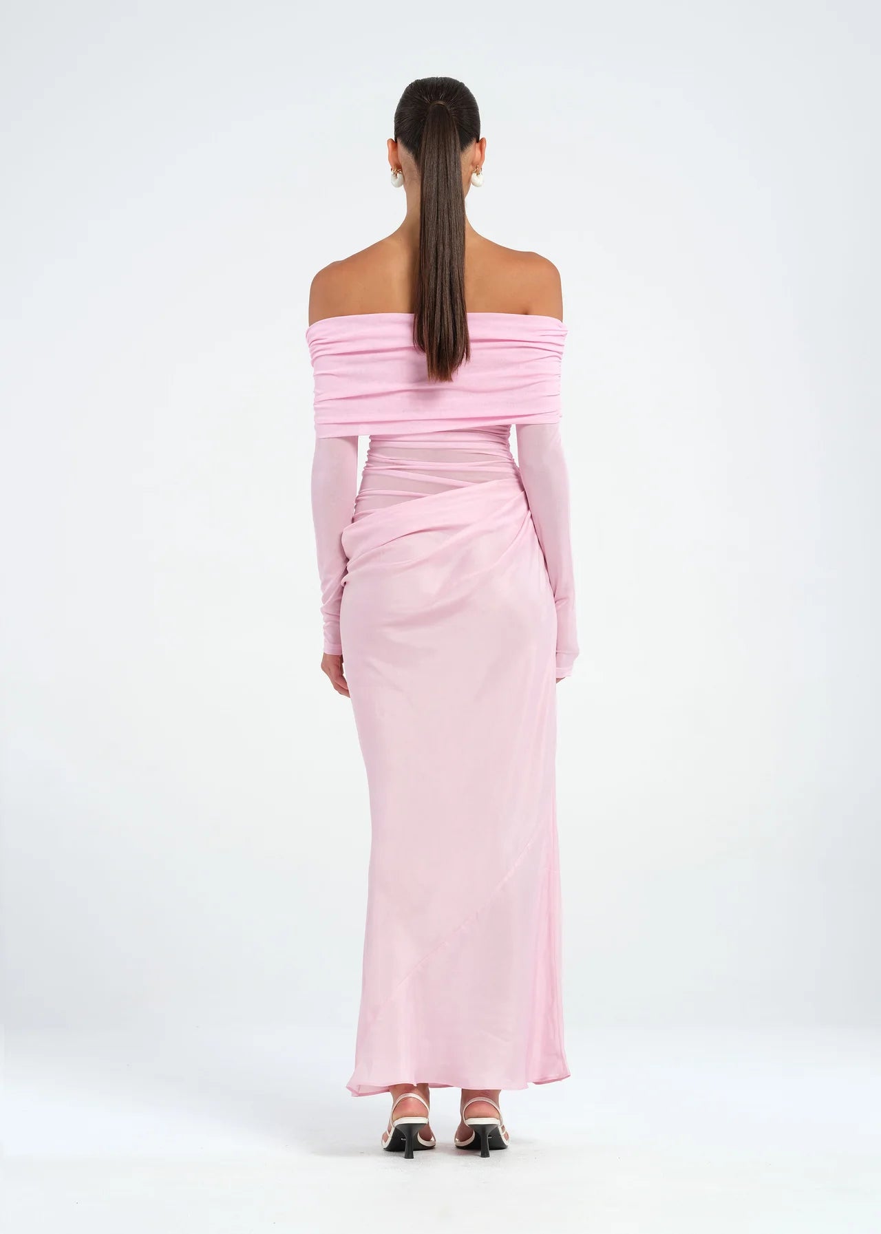 BENNI YASMIN OFF SHOULDER MAXI DRESS BABY PINK SIZE 8, 10