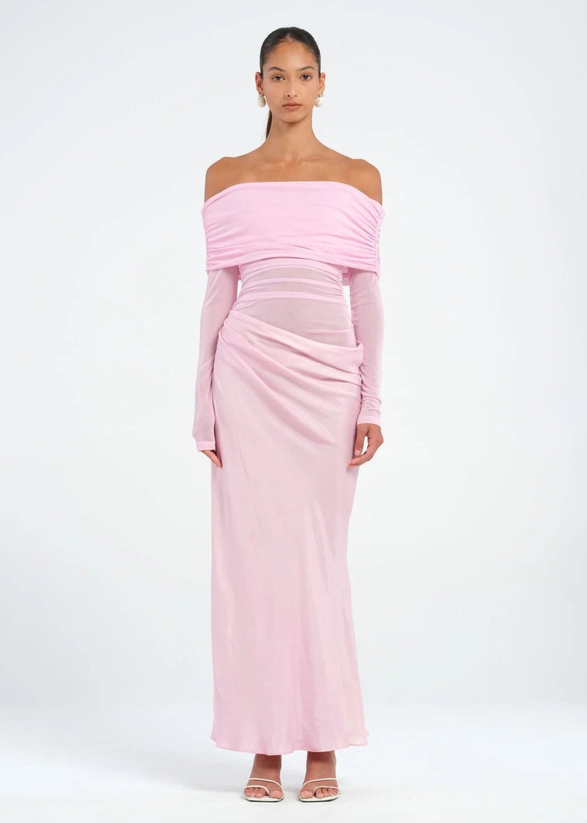 BENNI YASMIN OFF SHOULDER MAXI DRESS BABY PINK SIZE 8, 10