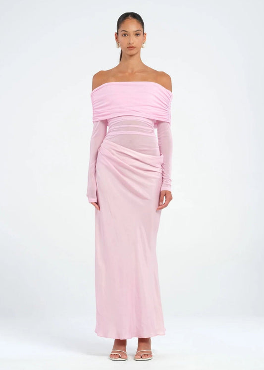 BENNI YASMIN OFF SHOULDER MAXI DRESS BABY PINK SIZE 8, 10