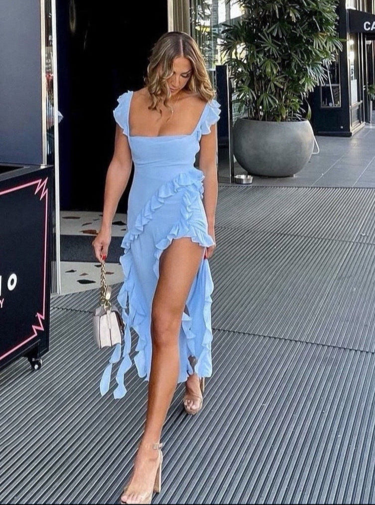HOUSE OF CB ARIELA RUFFLE MAXI BLUE DRESS SIZE 8,10,12 – Curated Collection