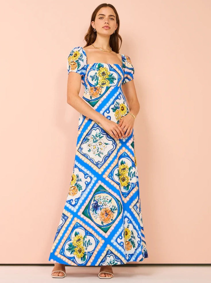 BY NICOLA MARIPOSA PUFF SLEEVE MAXI IN AZURE FLORAL SIZE 8