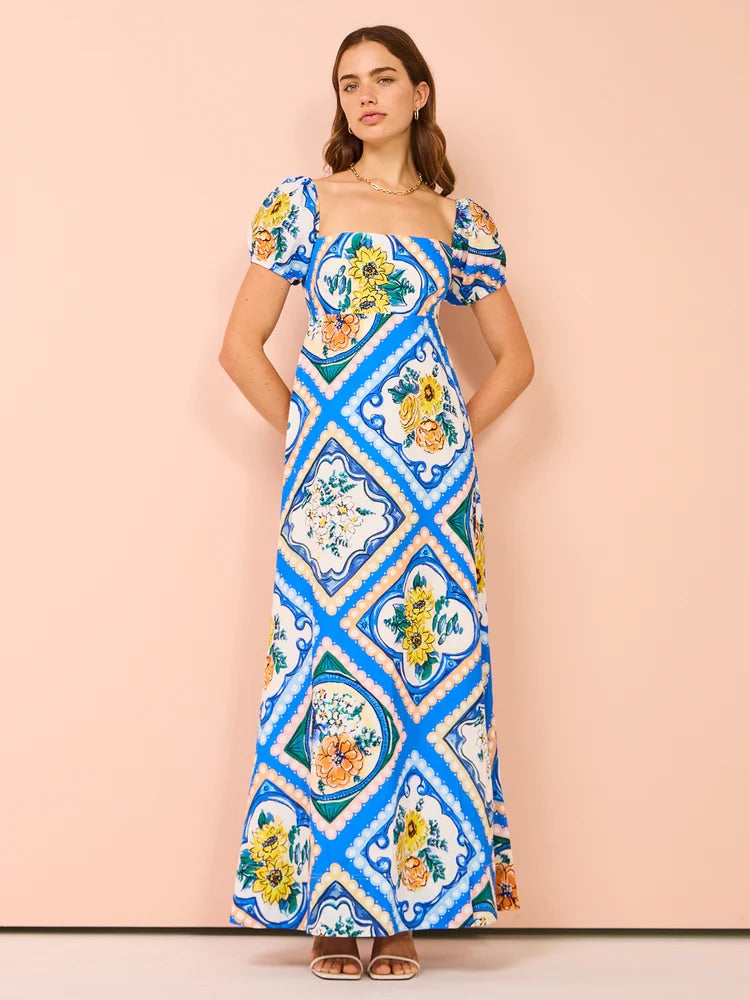 BY NICOLA MARIPOSA PUFF SLEEVE MAXI IN AZURE FLORAL SIZE 8