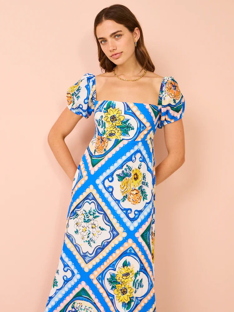 BY NICOLA MARIPOSA PUFF SLEEVE MAXI IN AZURE FLORAL SIZE 8