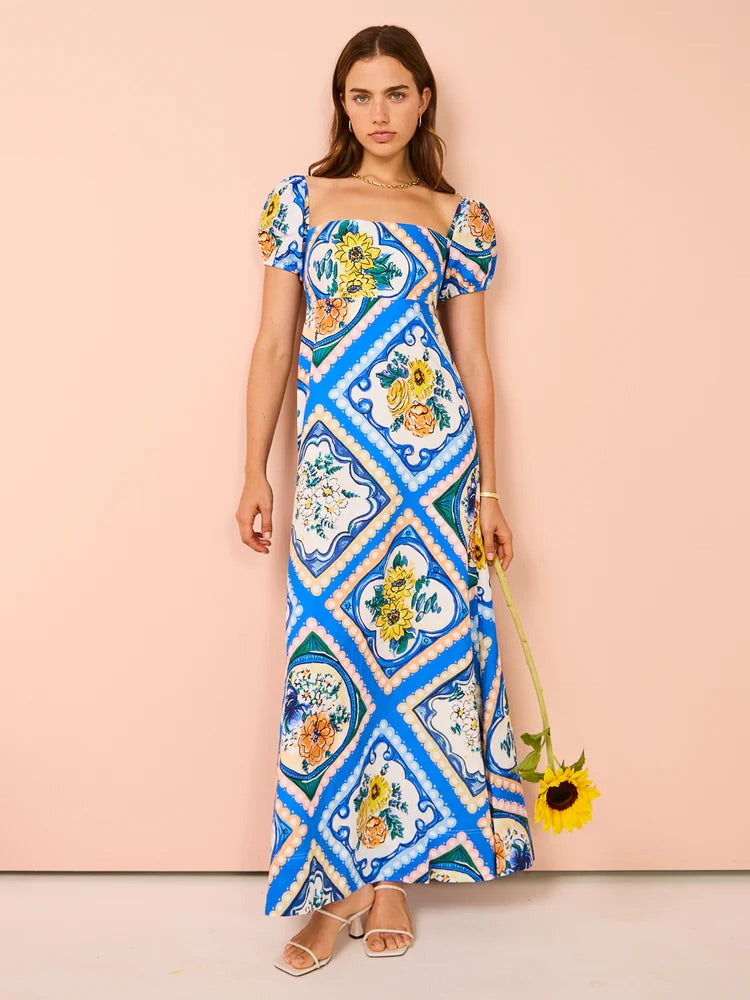 BY NICOLA MARIPOSA PUFF SLEEVE MAXI IN AZURE FLORAL SIZE 8