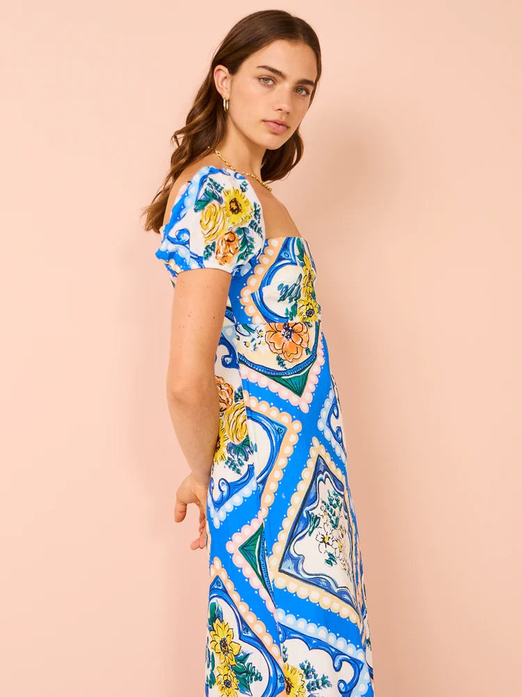 BY NICOLA MARIPOSA PUFF SLEEVE MAXI IN AZURE FLORAL SIZE 8