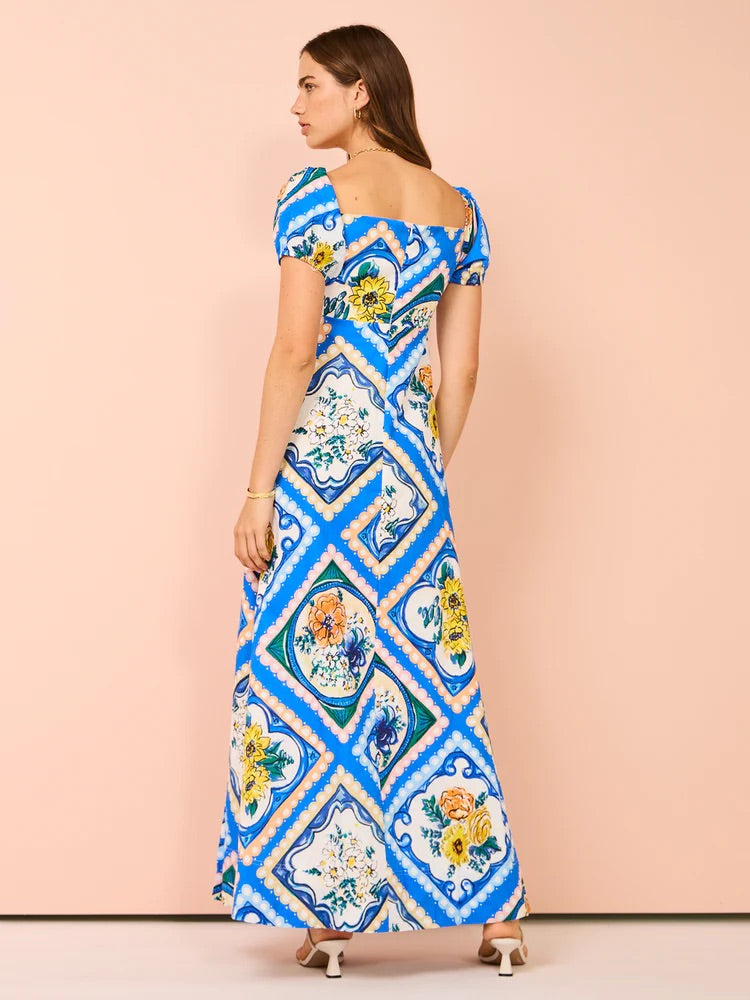 BY NICOLA MARIPOSA PUFF SLEEVE MAXI IN AZURE FLORAL SIZE 8