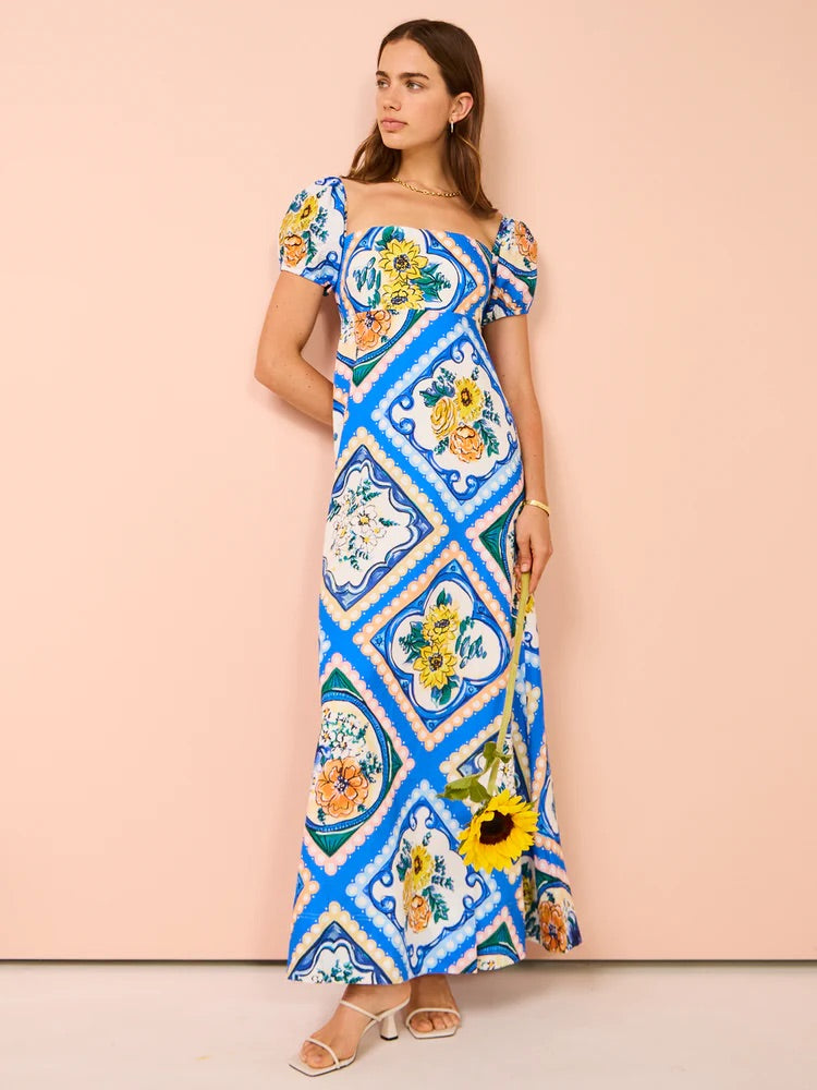 BY NICOLA MARIPOSA PUFF SLEEVE MAXI IN AZURE FLORAL SIZE 8