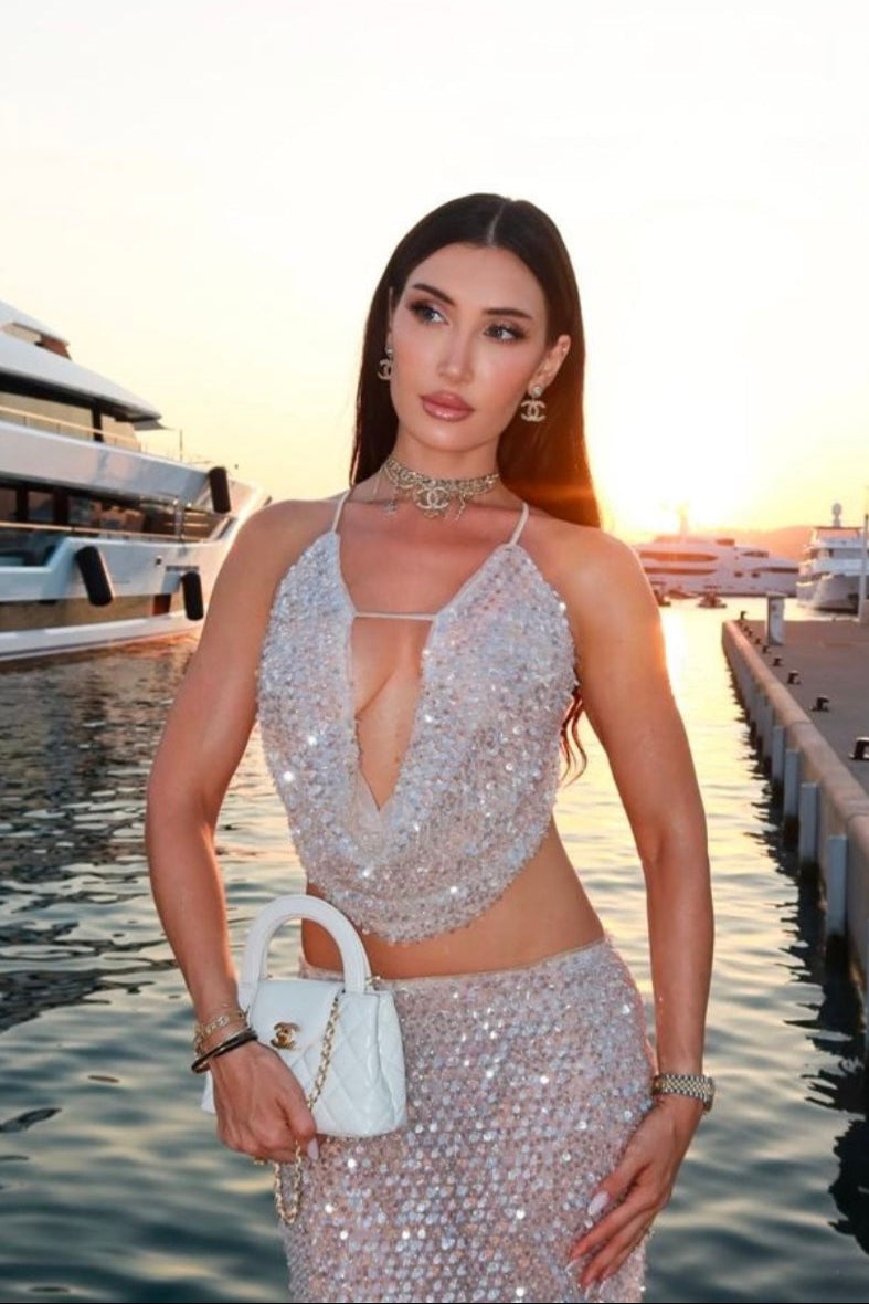 SYDNEY LANE CRYSTAL SEQUIN CO-ORD SET QUARTZ SIZE 8