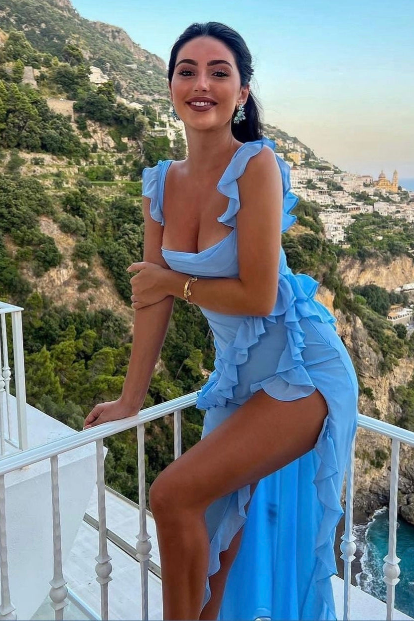 HOUSE OF CB ARIELA RUFFLE MAXI BLUE DRESS SIZE 8,10,12 HOUSE OF CB ARIELA RUFFLE MAXI BLUE DRESS SIZE 8,10,12