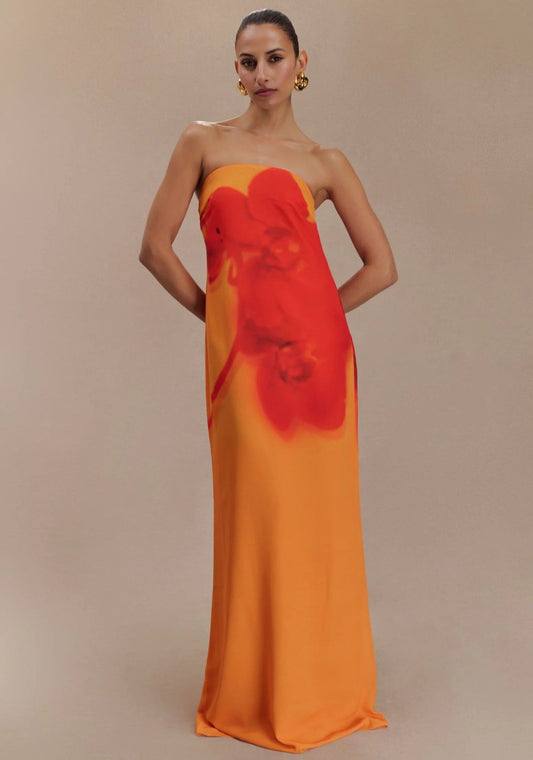 Orange floral print formal wedding guest dress