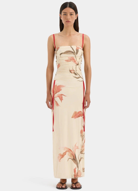SIR THE LABEL HANA RUCHED MIDI DRESS GLADIOLI PRINT SIZE 8, 10