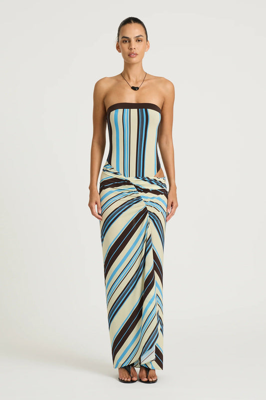 BENNI RUMI STRAPLESS MAXI OCEAN STRIPE SIZE 8